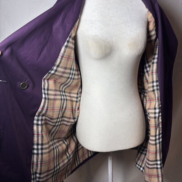 Womens M Vintage Purple Double-Breasted Mid Trench Coat belted plaid lining - Picture 9 of 11